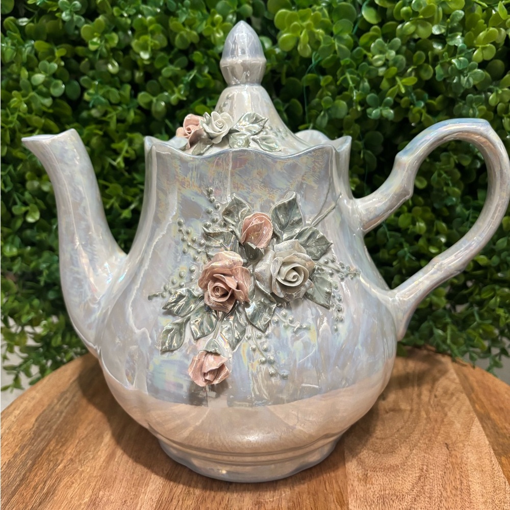 Ceramic Floral Teapot - Iridescent White with Pink Accents